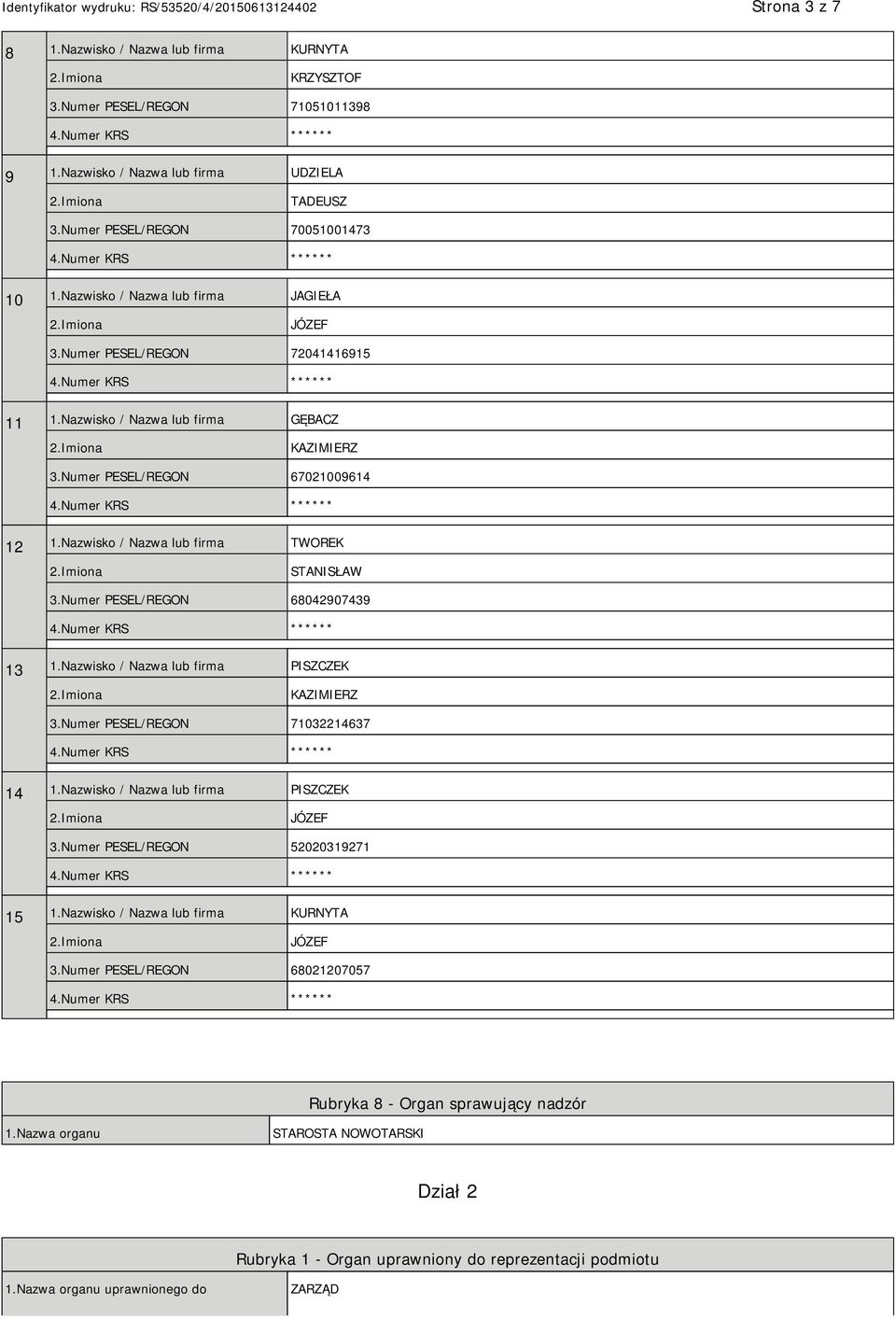Numer PESEL/REGON 68042907439 13 1.Nazwisko / Nazwa lub firma PISZCZEK KAZIMIERZ 3.Numer PESEL/REGON 71032214637 14 1.Nazwisko / Nazwa lub firma PISZCZEK 3.Numer PESEL/REGON 52020319271 15 1.