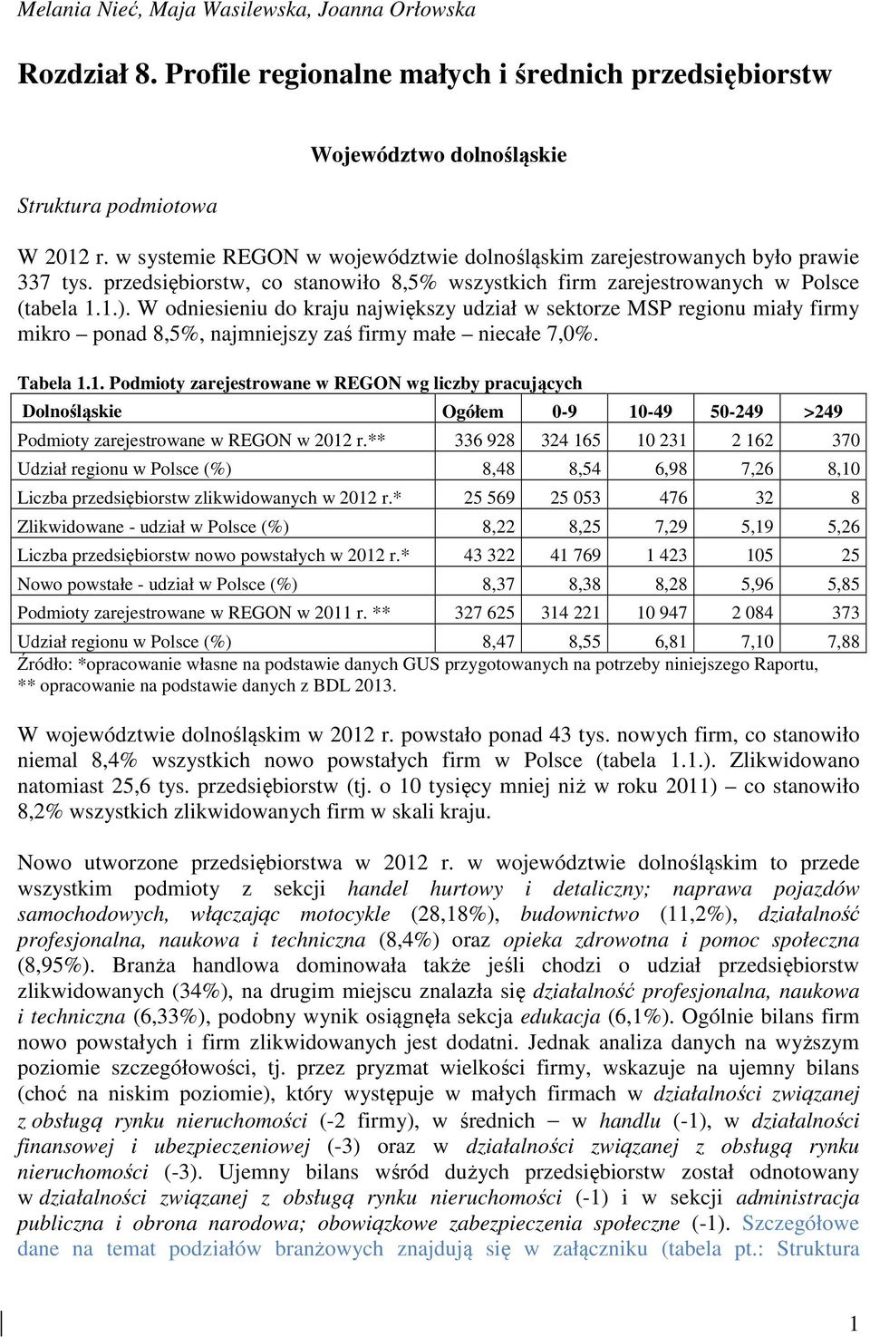 W odniesieniu do kraju największy udział w sektorze MSP regionu miały firmy mikro ponad 8,5%, najmniejszy zaś firmy małe niecałe 7,0%. Tabela 1.