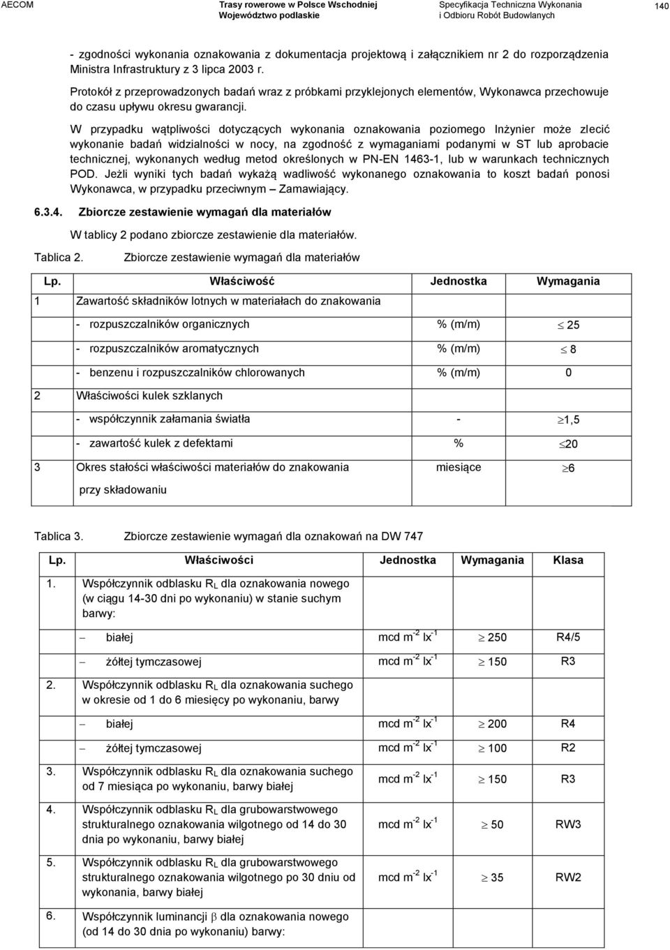 W przypadku wątpliwości dotyczących wykonania oznakowania poziomego Inżynier może zlecić wykonanie badań widzialności w nocy, na zgodność z wymaganiami podanymi w ST lub aprobacie technicznej,