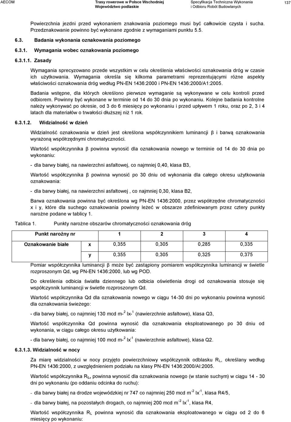 Wymagania określa się kilkoma parametrami reprezentującymi różne aspekty właściwości oznakowania dróg według PN-EN 1436:2000 i PN-EN 1436:2000/A1:2005.