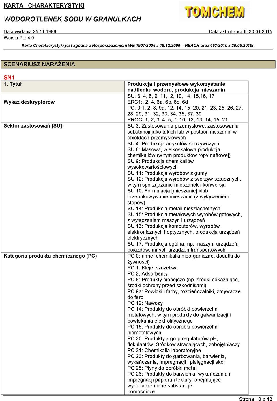 15, 20, 21, 23, 25, 26, 27, 28, 29, 31, 32, 33, 34, 35, 37, 39 PROC: 1, 2, 3, 4, 5, 7, 10, 12, 13, 14, 15, 21 Sektor zastosowań [SU]: SU 3: Zastosowania przemysłowe: zastosowania substancji jako