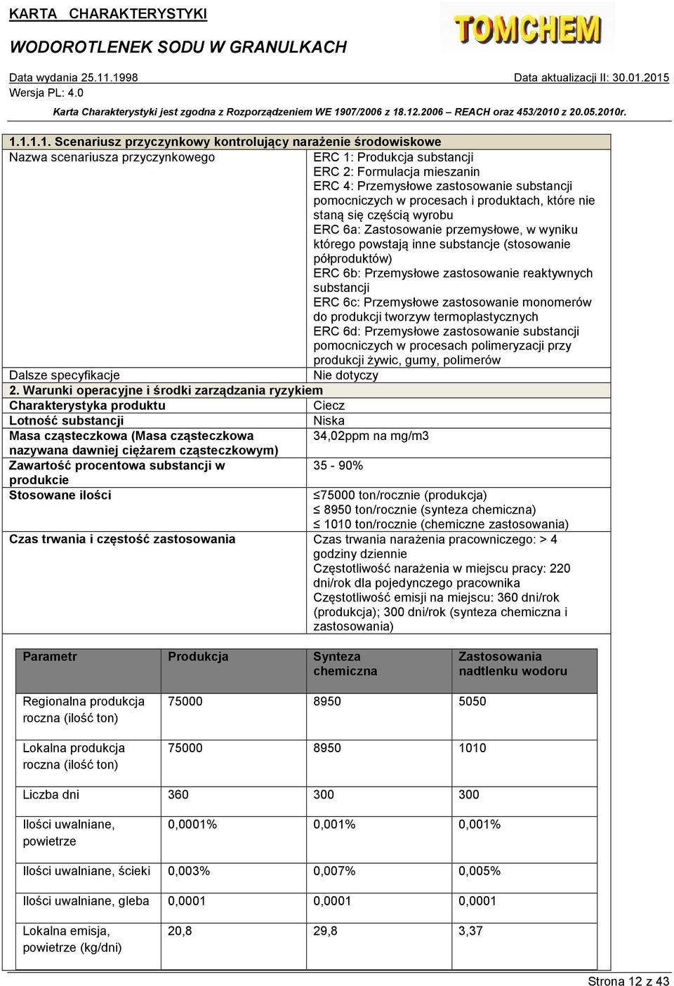 Przemysłowe zastosowanie reaktywnych substancji ERC 6c: Przemysłowe zastosowanie monomerów do produkcji tworzyw termoplastycznych ERC 6d: Przemysłowe zastosowanie substancji pomocniczych w procesach