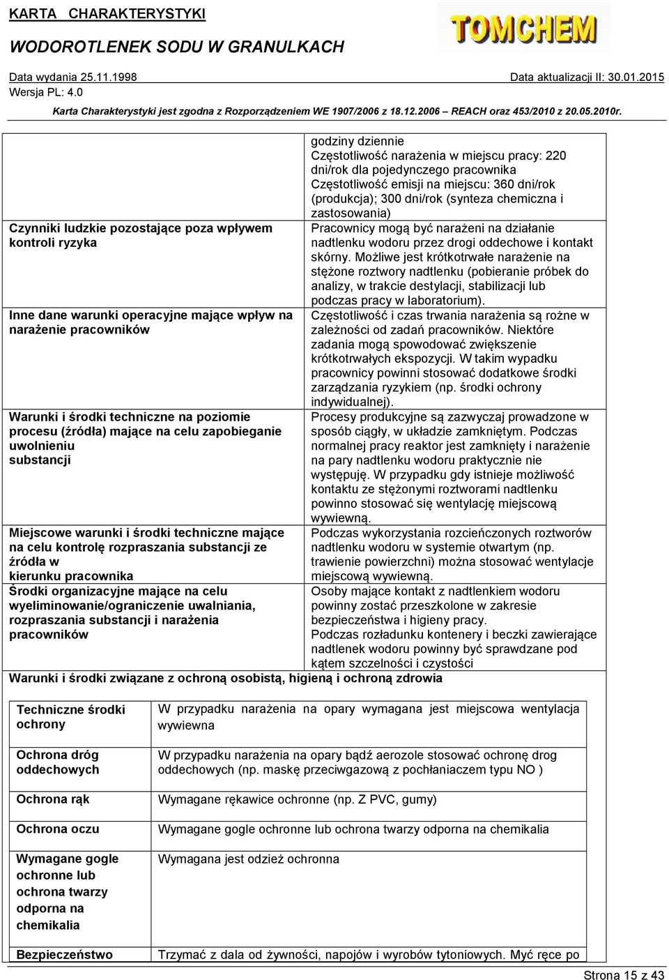 wyeliminowanie/ograniczenie uwalniania, rozpraszania substancji i narażenia pracowników Warunki i środki związane z ochroną osobistą, higieną i ochroną zdrowia godziny dziennie Częstotliwość