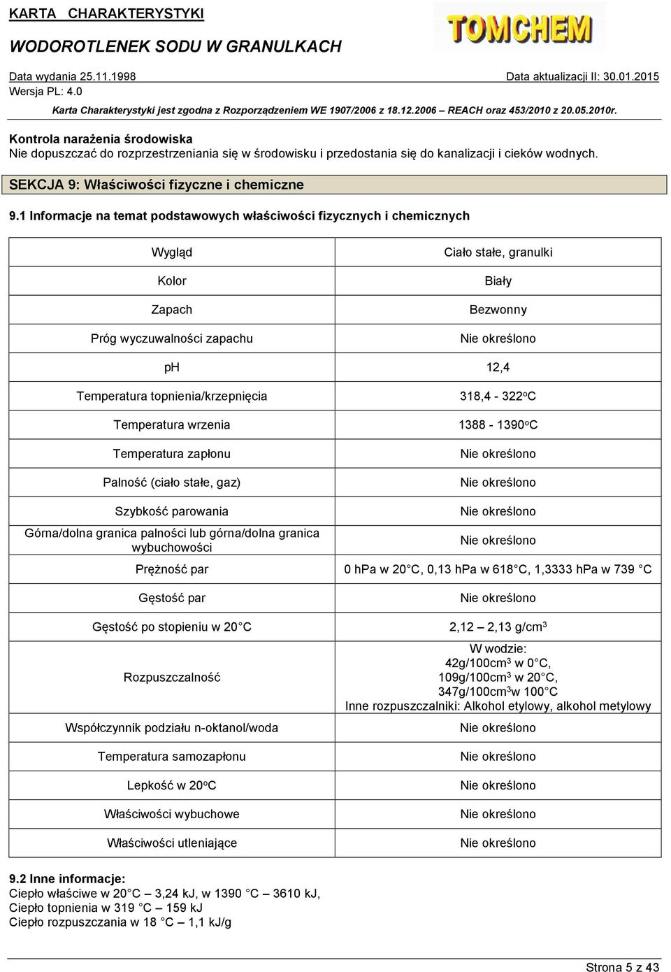 topnienia/krzepnięcia Temperatura wrzenia Temperatura zapłonu Palność (ciało stałe, gaz) 318,4-322 o C 1388-1390 o C Nie określono Nie określono Szybkość parowania Górna/dolna granica palności lub
