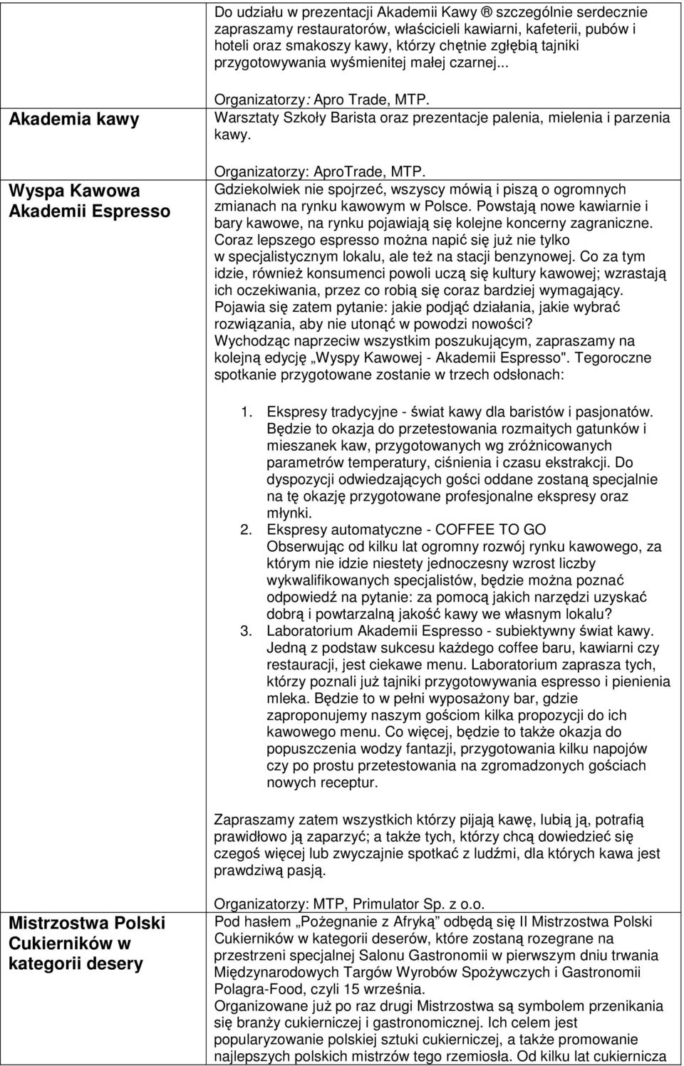 Organizatorzy: AproTrade, MTP. Gdziekolwiek nie spojrzeć, wszyscy mówią i piszą o ogromnych zmianach na rynku kawowym w Polsce.
