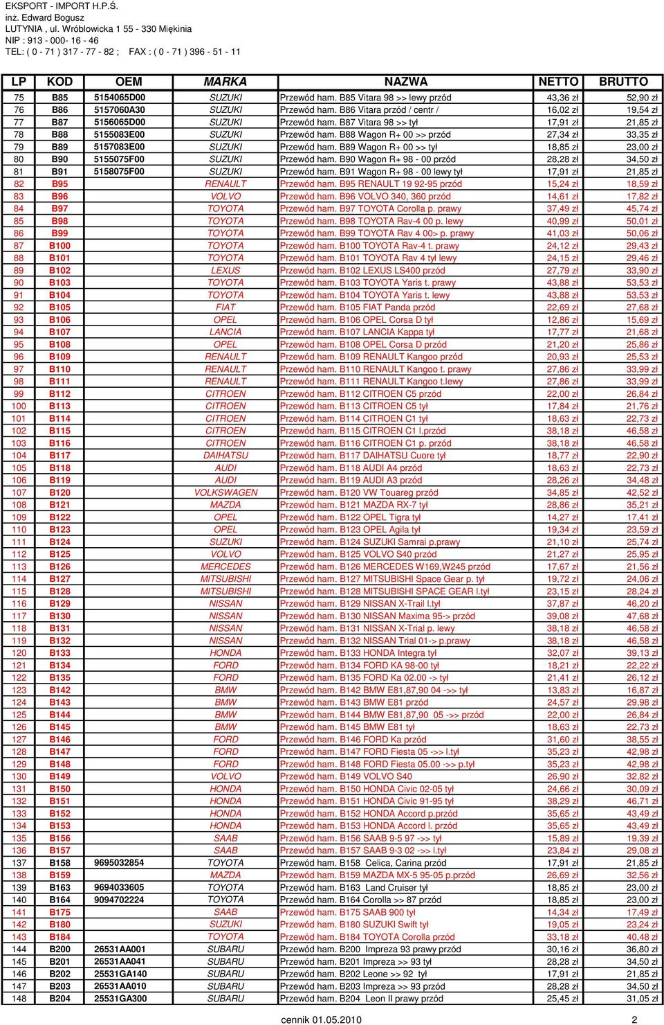 B88 Wagon R+ 00 >> przód 27,34 zł 33,35 zł 79 B89 5157083E00 SUZUKI Przewód ham. B89 Wagon R+ 00 >> tył 18,85 zł 23,00 zł 80 B90 5155075F00 SUZUKI Przewód ham.