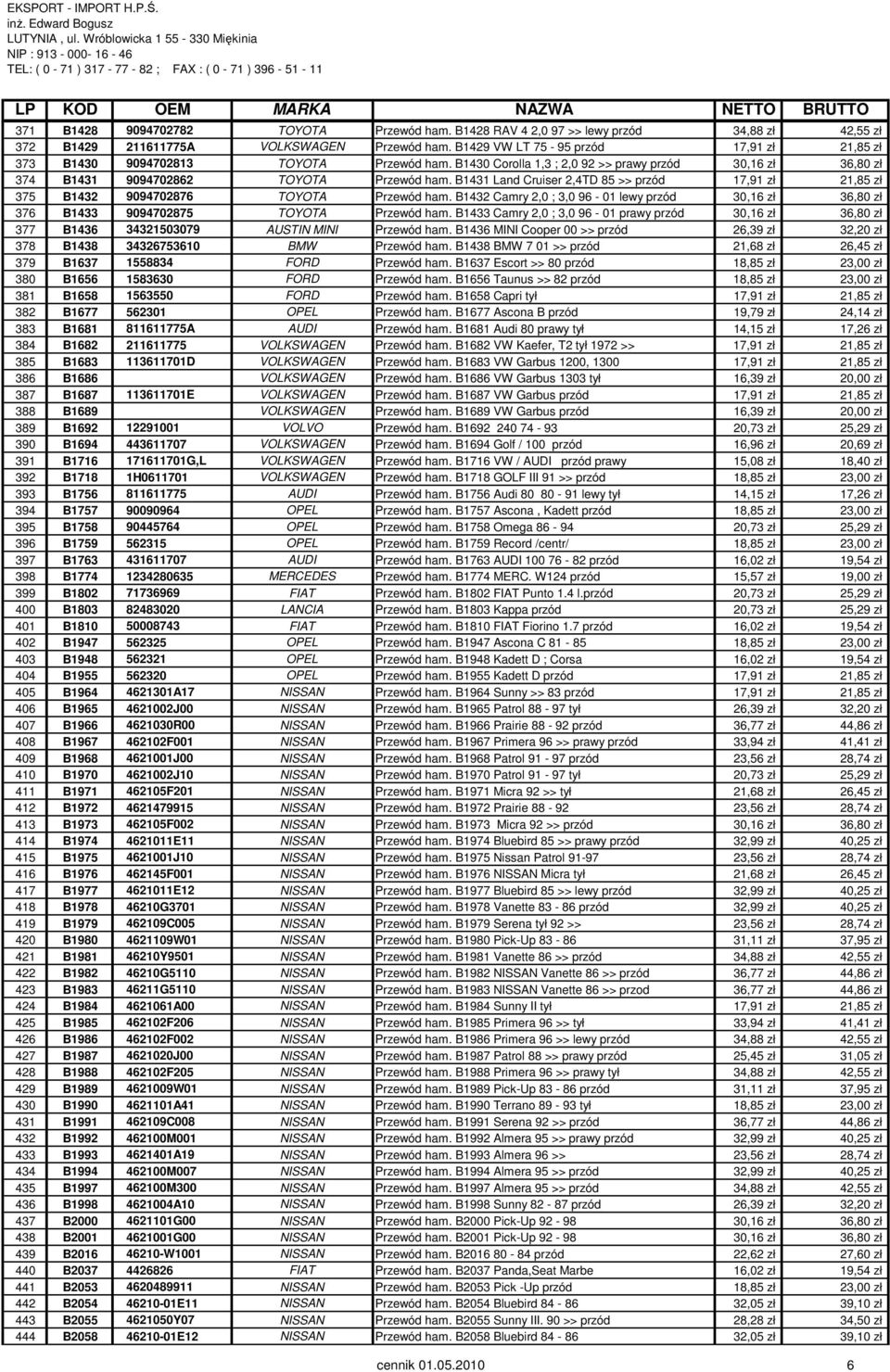 B1431 Land Cruiser 2,4TD 85 >> przód 17,91 zł 21,85 zł 375 B1432 9094702876 TOYOTA Przewód ham. B1432 Camry 2,0 ; 3,0 96-01 lewy przód 30,16 zł 36,80 zł 376 B1433 9094702875 TOYOTA Przewód ham.