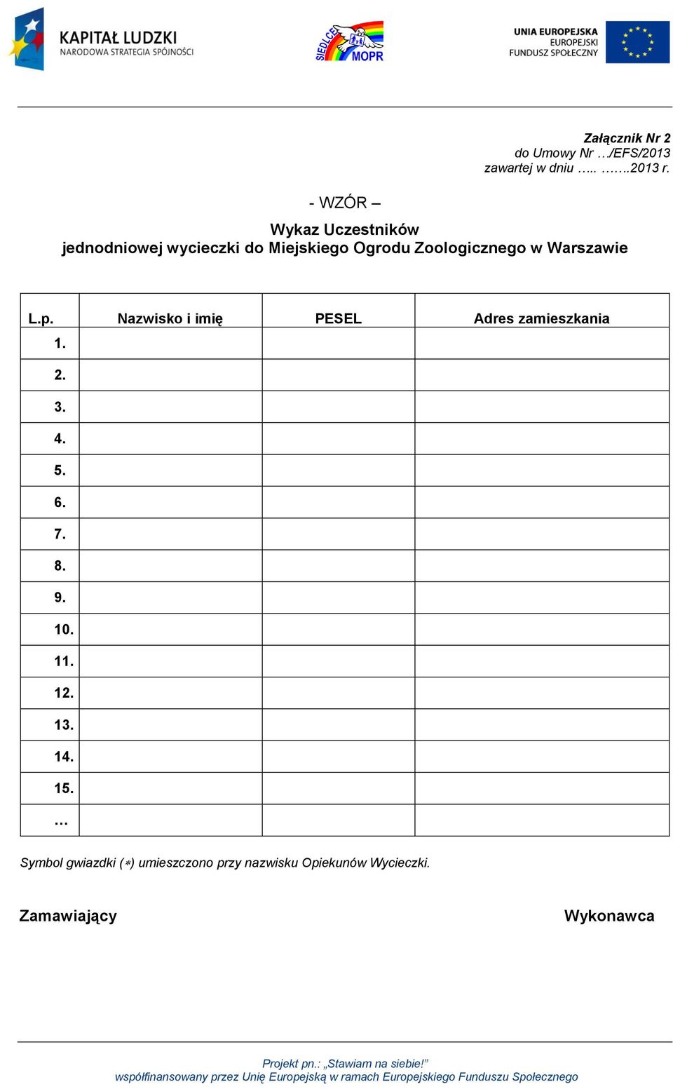 Warszawie L.p. Nazwisko i imię PESEL Adres zamieszkania 1. 2. 3. 4. 5. 6. 7. 8. 9. 10.