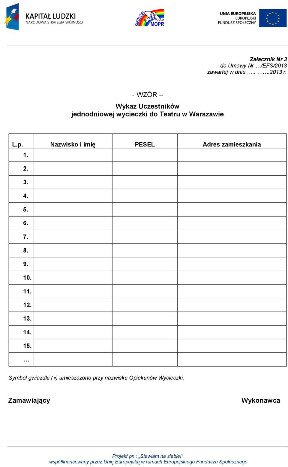 Nazwisko i imię PESEL Adres zamieszkania 1. 2. 3. 4. 5. 6. 7. 8. 9. 10. 11. 12.