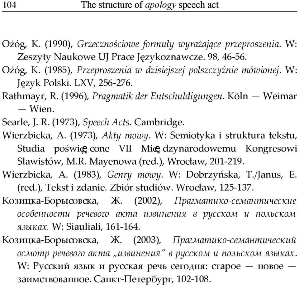 W: Semiotyka i struktura tekstu, Studia poswiee cone VII Miee dzynarodowemu Kongresowi Slawistow, M.R. Mayenowa (red.), Wrocław, 201-219. Wierzbicka, A. (1983), Genry mowy. W: Dobrzyńska, T./Janus, E.