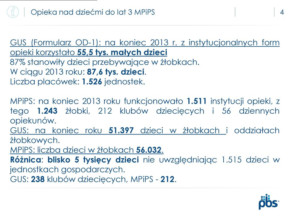 MPiPS: na koniec 2013 roku funkcjonowało 1.511 instytucji opieki, z tego 1.243 żłobki, 212 klubów dziecięcych i 56 dziennych opiekunów. GUS: na koniec roku 51.