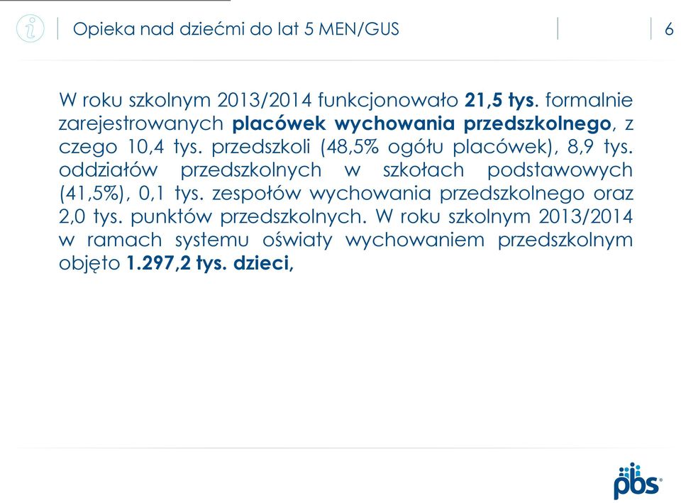 przedszkoli (48,5% ogółu placówek), 8,9 tys. oddziałów przedszkolnych w szkołach podstawowych (41,5%), 0,1 tys.