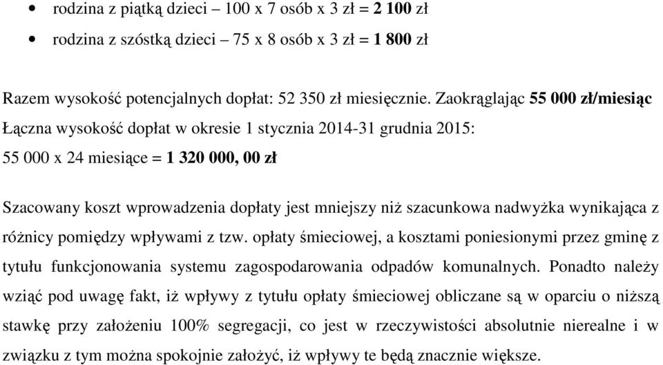 szacunkowa nadwyżka wynikająca z różnicy pomiędzy wpływami z tzw. opłaty śmieciowej, a kosztami poniesionymi przez gminę z tytułu funkcjonowania systemu zagospodarowania odpadów komunalnych.
