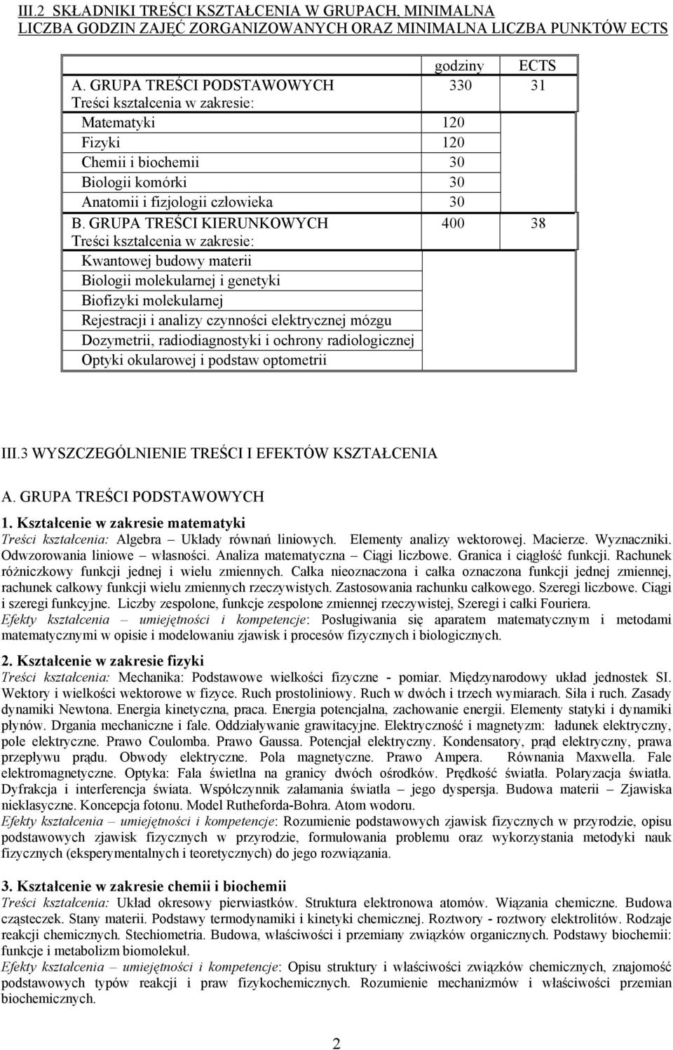 GRUPA TREŚCI KIERUNKOWYCH 400 38 Treści kształcenia w zakresie: Kwantowej budowy materii Biologii molekularnej i genetyki Biofizyki molekularnej Rejestracji i analizy czynności elektrycznej mózgu