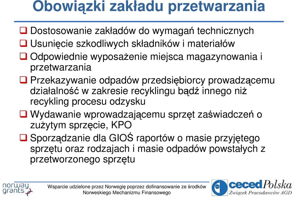 zakresie recyklingu bądź innego niŝ recykling procesu odzysku Wydawanie wprowadzającemu sprzęt zaświadczeń o zuŝytym sprzęcie,