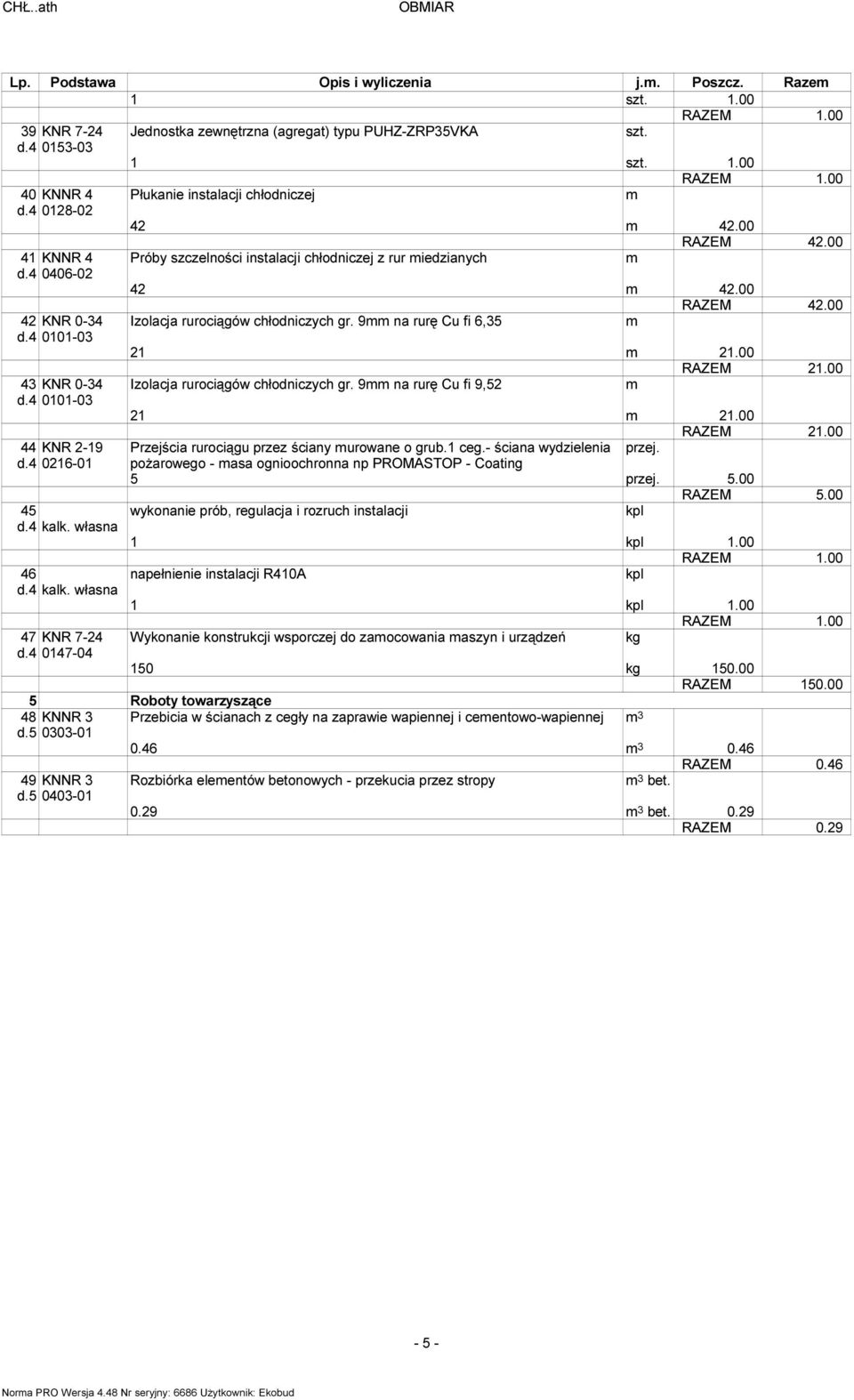 00 Próby szczelności instalacji chłodniczej z rur iedzianych 42 42.00 RAZEM 42.00 Izolacja rurociągów chłodniczych gr. 9 na rurę Cu fi 6,35 21 21.00 Izolacja rurociągów chłodniczych gr. 9 na rurę Cu fi 9,52 21 21.