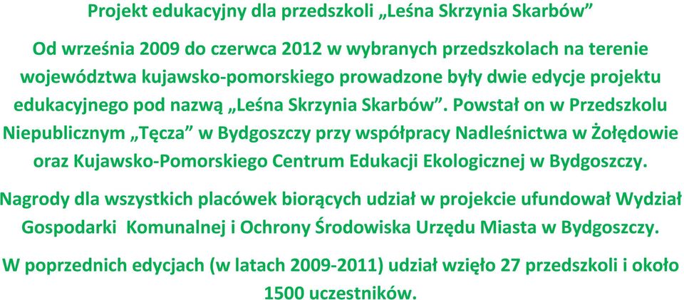 Powstał on w Przedszkolu Niepublicznym Tęcza w Bydgoszczy przy współpracy Nadleśnictwa w Żołędowie oraz Kujawsko-Pomorskiego Centrum Edukacji Ekologicznej w