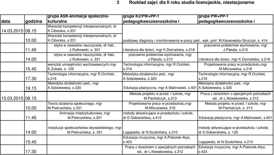 331 Warsztat kompetencji interpersonalnych, dr K.Ciborska, s.331 podstawy diagnozy i monitorowania w pracy ped., wyk. prof. M.Karwowska-Struczyk, s. 414 etyka w zawodzie nauczyciela, dr hab.