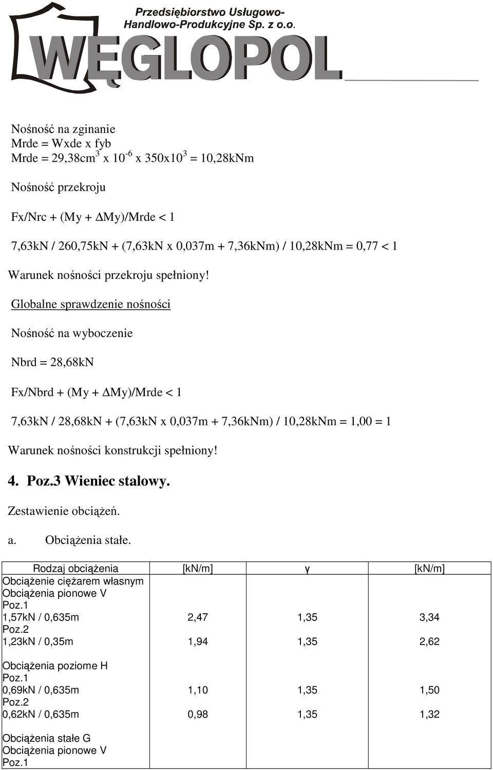 Globalne sprawdzenie nośności Nośność na wyboczenie Nbrd = 28,68kN Fx/Nbrd + (My + My)/Mrde < 1 7,63kN / 28,68kN + (7,63kN x 0,037m + 7,36kNm) / 10,28kNm = 1,00 = 1 Warunek nośności