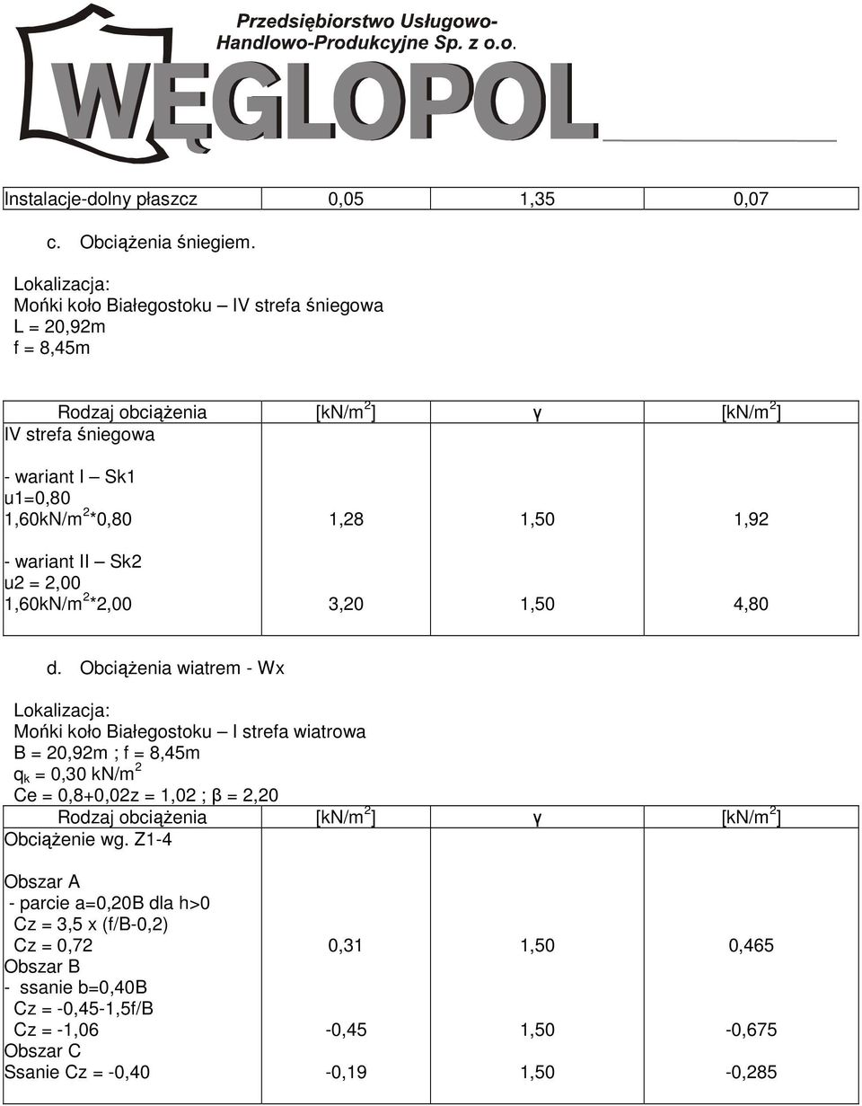 *0,80 1,28 1,92 - wariant II Sk2 u2 = 2,00 1,60kN/m 2 *2,00 3,20 4,80 d.