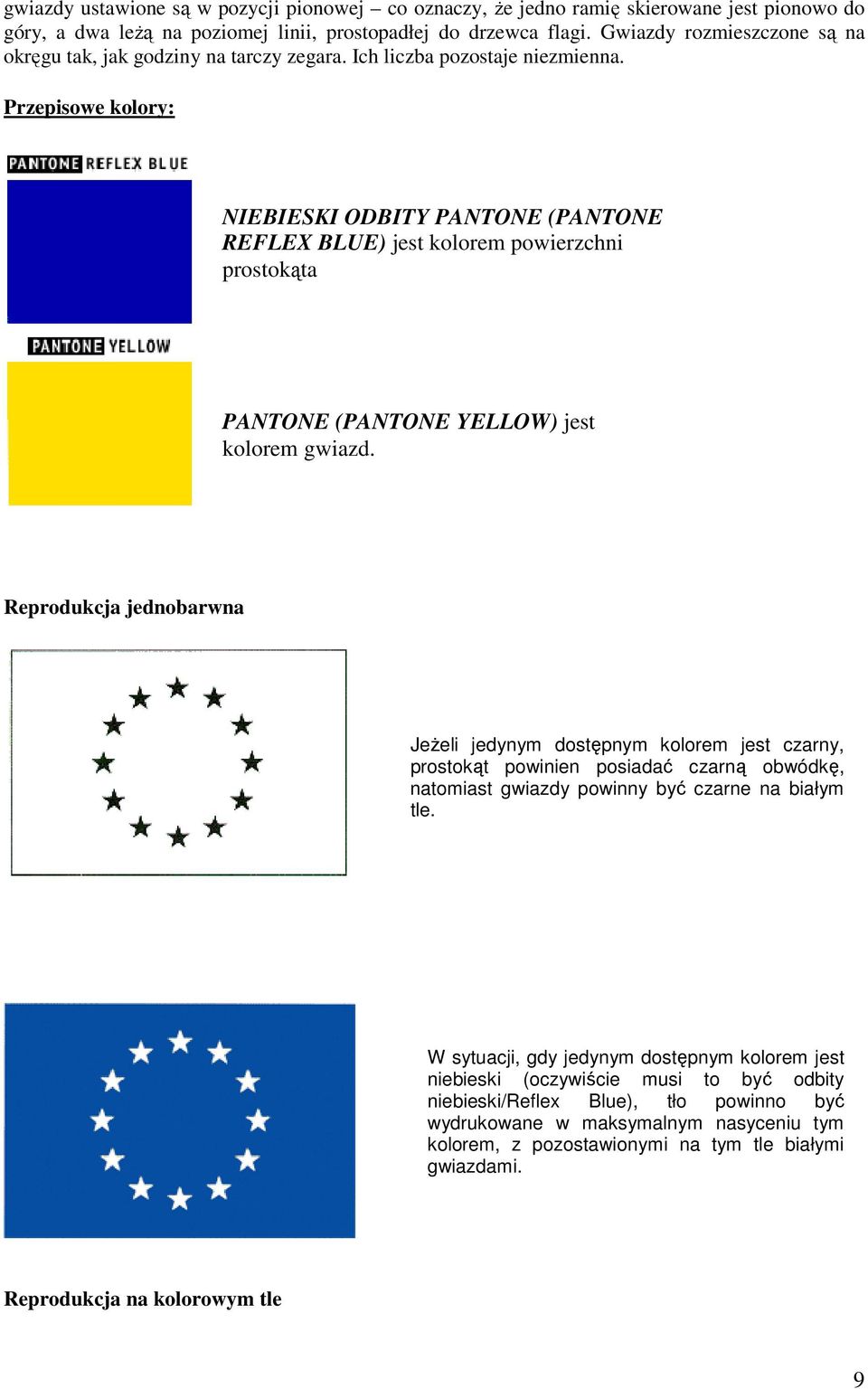 Przepisowe kolory: NIEBIESKI ODBITY PANTONE (PANTONE REFLEX BLUE) jest kolorem powierzchni prostokąta PANTONE (PANTONE YELLOW) jest kolorem gwiazd.