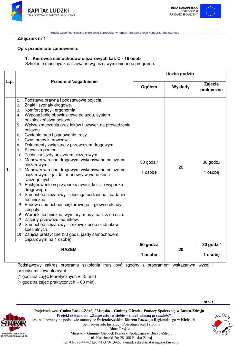 Czas pracy kierowców. 8. Dokumenty związane z przewozem drogowym. 9. Pierwsza pomoc. 10. Technika jazdy pojazdem ciężarowym. 11. Manewry w ruchu drogowym wykonywane pojazdem ciężarowym. 12.