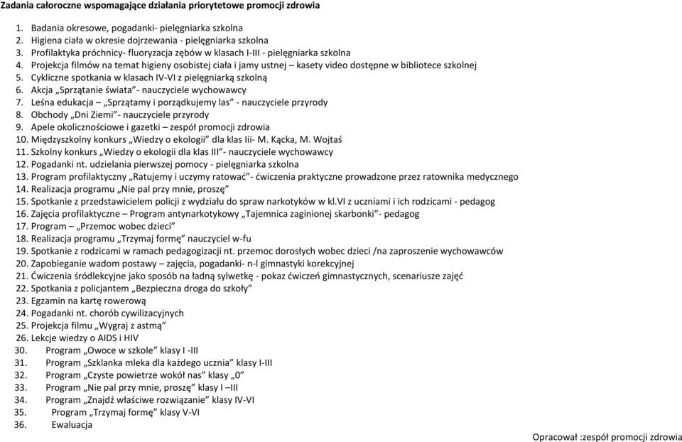 Cykliczne spotkania w klasach IV-VI z pielęgniarką szkolną 6. Akcja Sprzątanie świata - nauczyciele wychowawcy 7. Leśna edukacja Sprzątamy i porządkujemy las - nauczyciele przyrody 8.