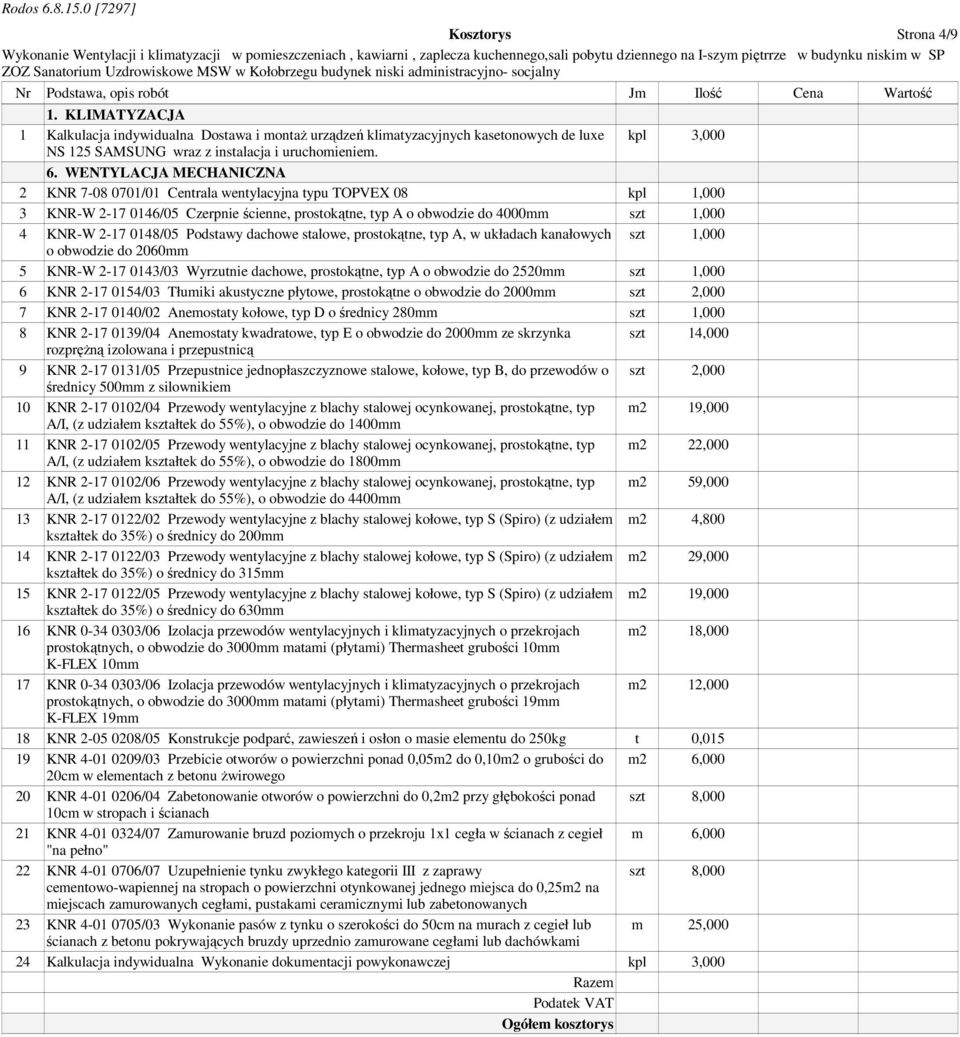 WENTYLACJA MECHANICZNA 2 KNR 7-08 0701/01 Centrala wentylacyjna typu TOPVEX 08 kpl 1,000 3 KNR-W 2-17 0146/05 Czerpnie ścienne, prostokątne, typ A o obwodzie do 4000mm szt 1,000 4 KNR-W 2-17 0148/05