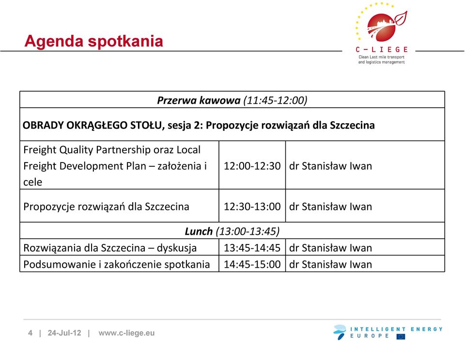12:00 12:30 dr Stanisław Iwan 12:30 13:00 dr Stanisław Iwan Lunch (13:00 13:45) Rozwiązania dla Szczecina dyskusja