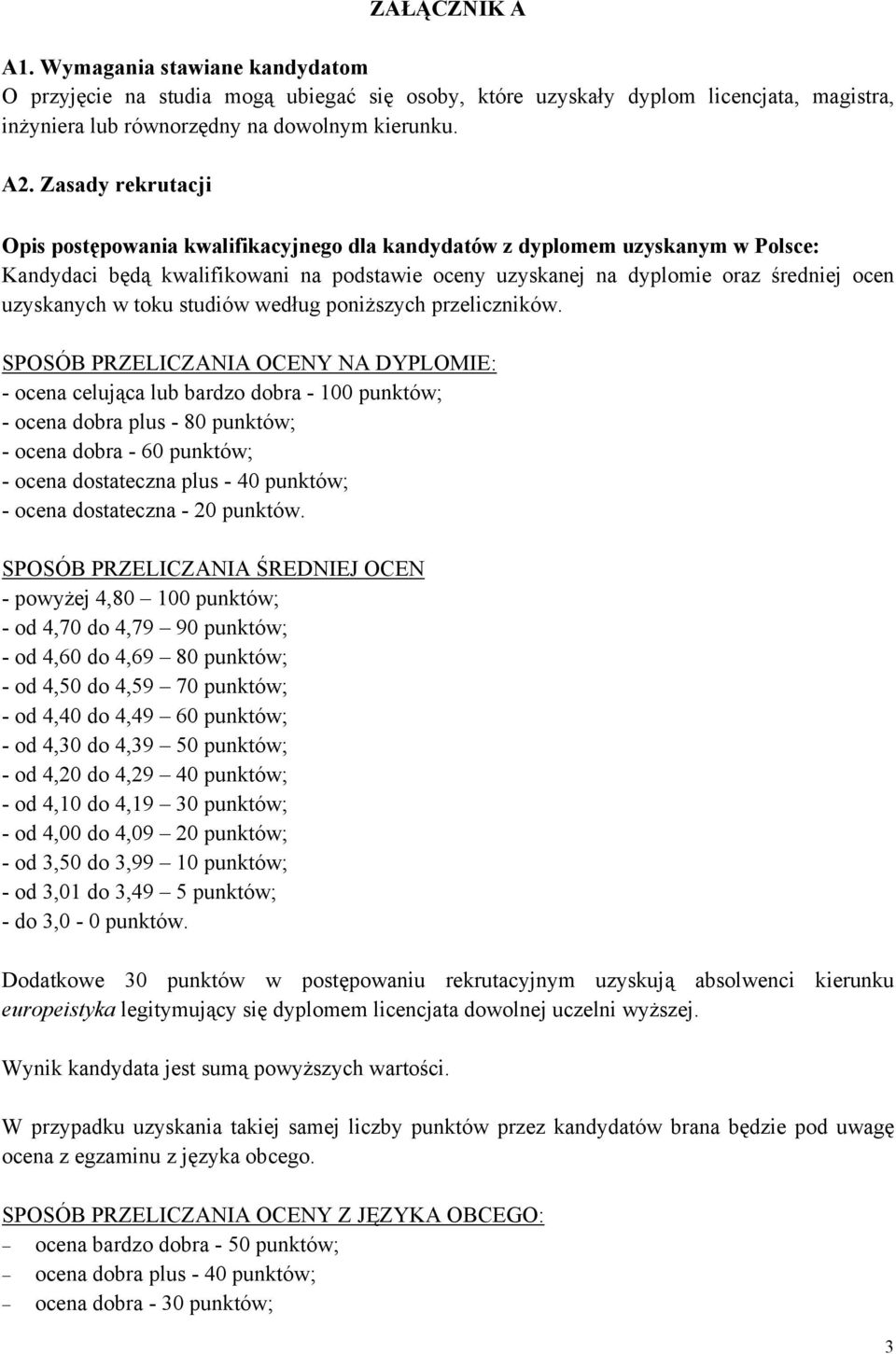w toku studiów według poniższych przeliczników.