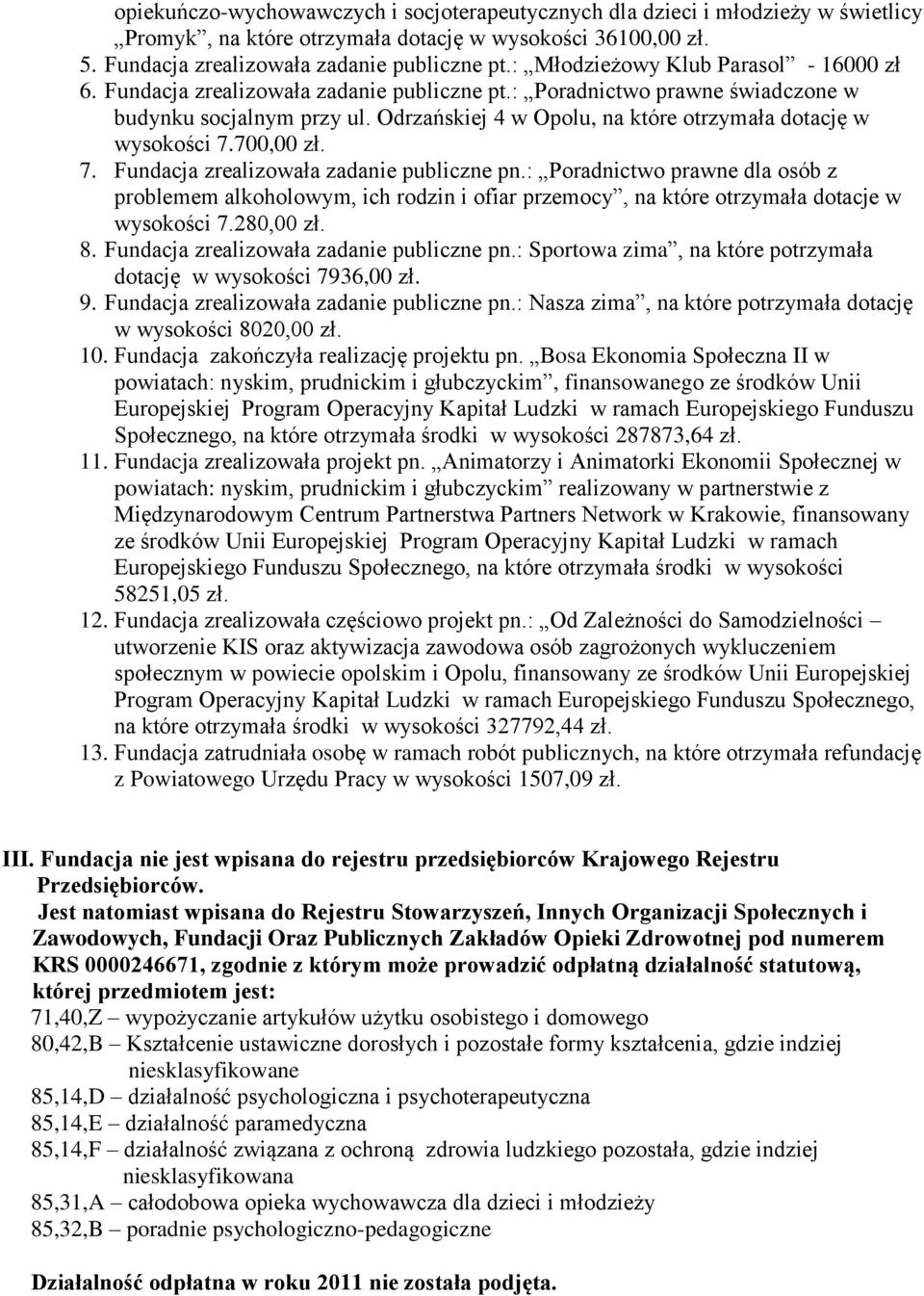 Odrzańskiej 4 w Opolu, na które otrzymała dotację w wysokości 7.700,00 zł. 7. Fundacja zrealizowała zadanie publiczne pn.