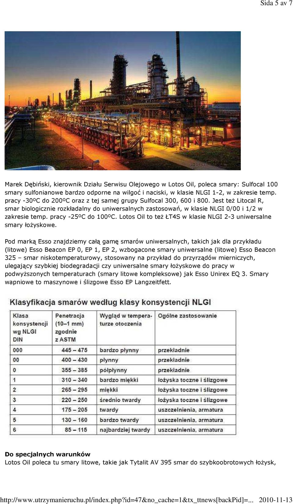 pracy -25ºC do 100ºC. Lotos Oil to też ŁT4S w klasie NLGI 2-3 uniwersalne smary łożyskowe.
