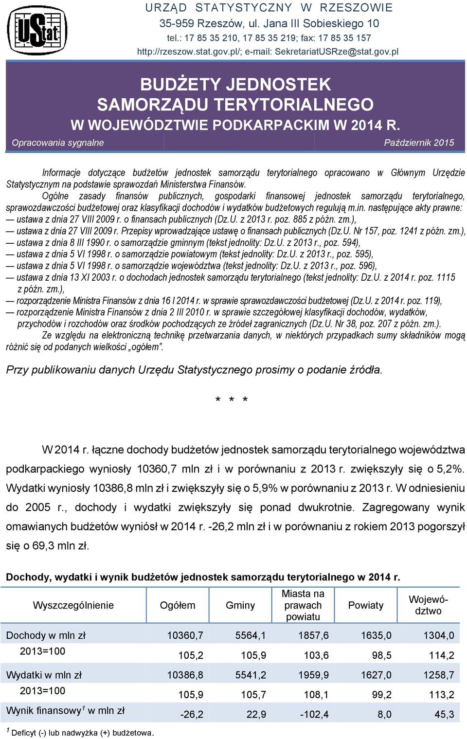 Opracowania sygnalne Październik 2015 Informacje dotyczące budżetów jednostek samorządu terytorialnego opracowano w Głównym Urzędzie Statystycznym na podstawie sprawozdań Ministerstwa Finansów.