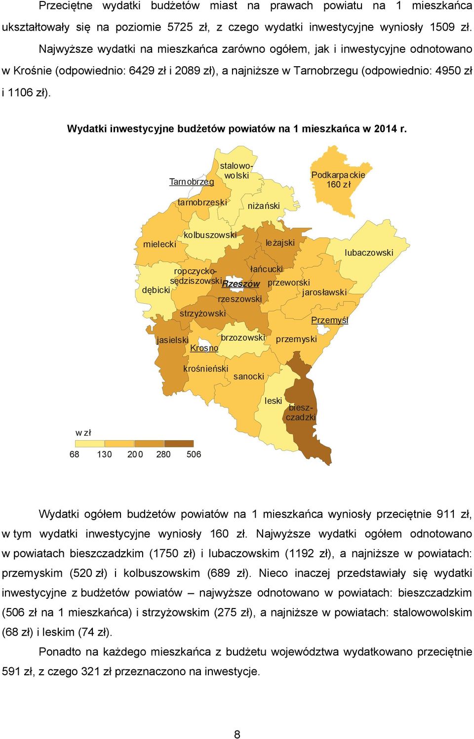 Wydatki inwestycyjne budżetów powiatów na 1 mieszkańca w 2014 r.