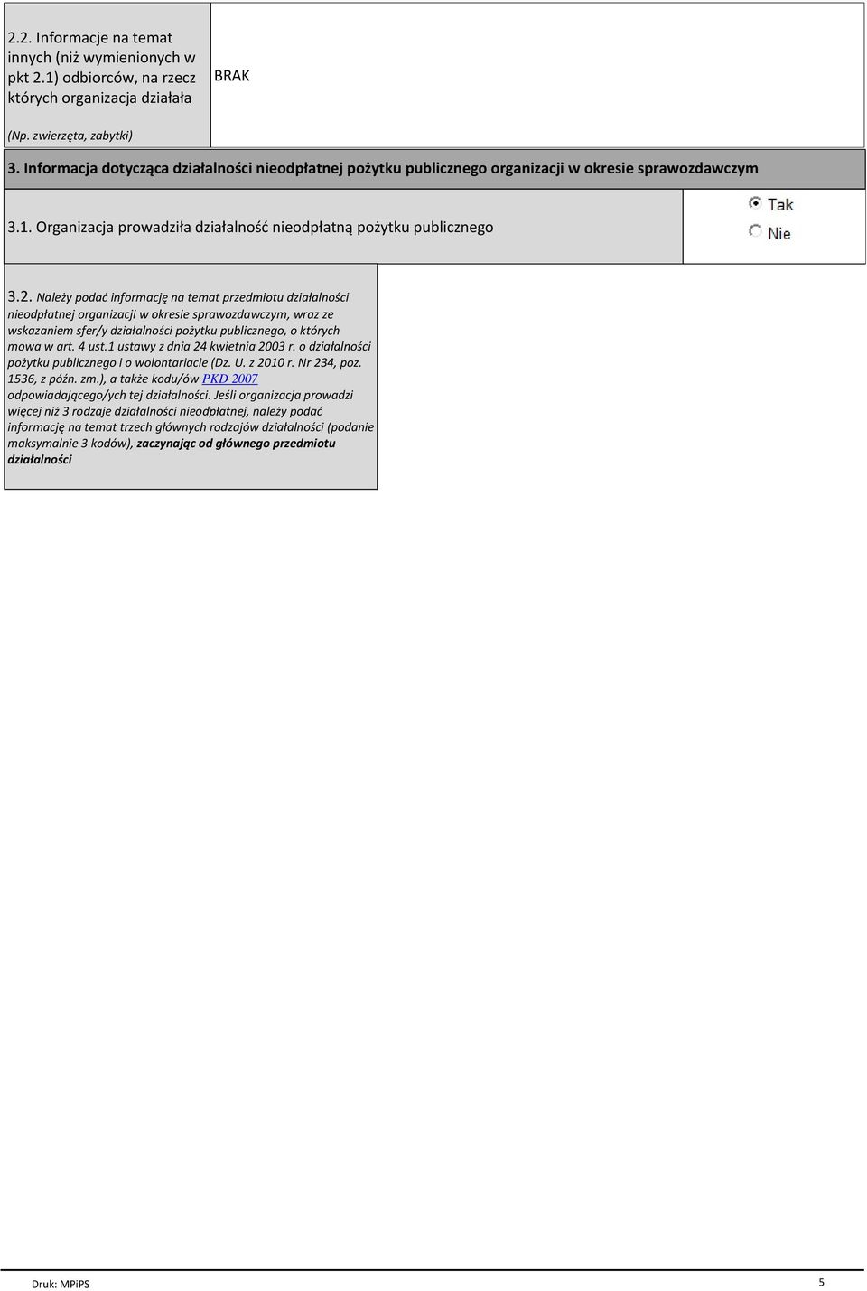 NaleПy podaц informacjъ na temat przedmiotu dziaгalno ci nieodpгatnej organizacji w okresie sprawozdawczym, wraz ze wskazaniem sfer/y dziaгalno ci poпytku publicznego, o ktѓrych mowa w art. 4 ust.