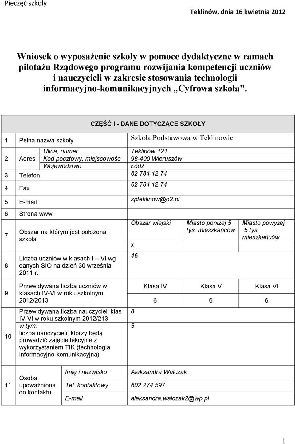 CZĘŚĆ I - DANE DOTYCZĄCE SZKOŁY 1 Pełna nazwa szkoły Szkoła Podstawowa w Teklinowie Ulica, numer Teklinów 121 2 Adres Kod pocztowy, miejscowość 98-400 Wieruszów Województwo Łódź 3 Telefon 62 784 12