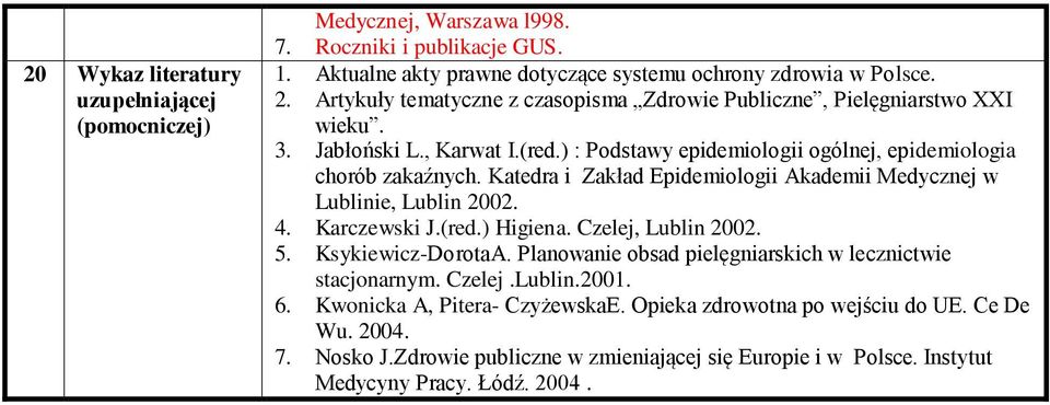 Katedra i Zakład Epidemiologii Akademii Medycznej w Lublinie, Lublin 2002. 4. Karczewski J.(red.) Higiena. Czelej, Lublin 2002. 5. Ksykiewicz-DorotaA.
