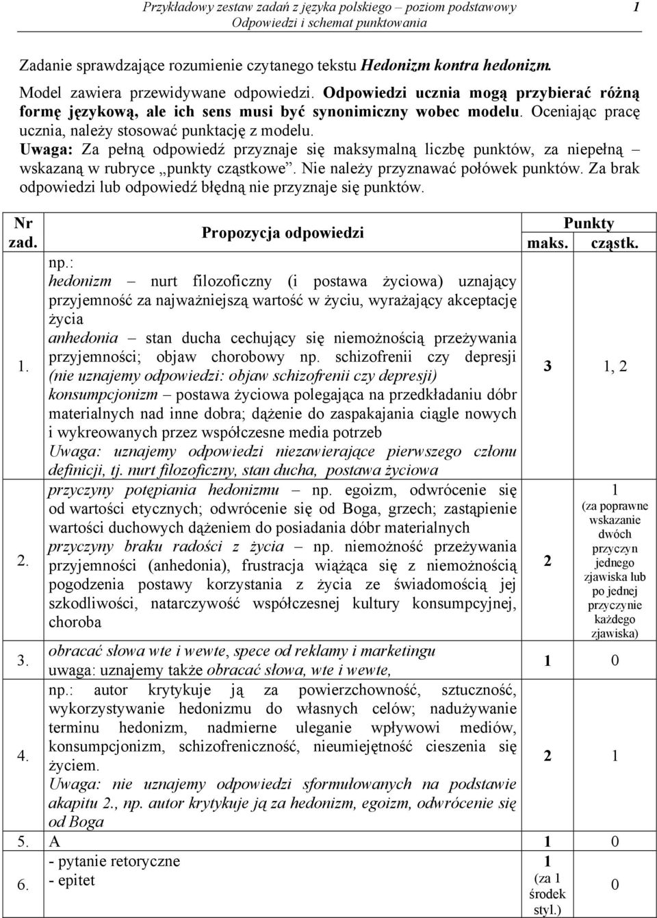 Uwaga: Za pełną odpowiedź przyznaje się maksymalną liczbę punktów, za niepełną wskazaną w rubryce punkty cząstkowe. Nie należy przyznawać połówek punktów.