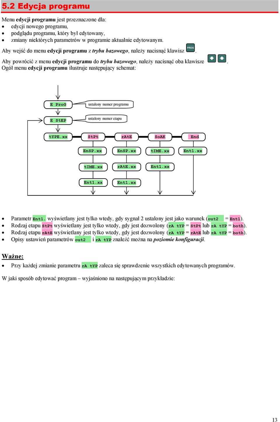 Ogół menu edycji programu ilustruje następujący schemat: E ProG ustalony numer programu E StEP ustalony numer etapu type.xx StPt rate SoAK End EnSP.xx EnSP.xx time.xx Ent1.xx time.xx rate.xx Ent1.xx Ent1.xx Ent1.xx Parametr Ent1.