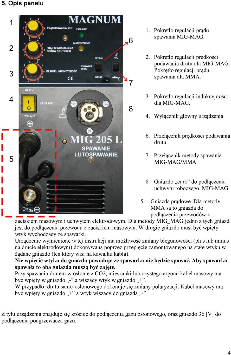 Gniazdo euro do podłączenia uchwytu roboczego MIG-MAG 5. Gniazda prądowe. Dla metody MMA są to gniazda do podłączenia przewodów z zaciskiem masowym i uchwytem elektrodowym.