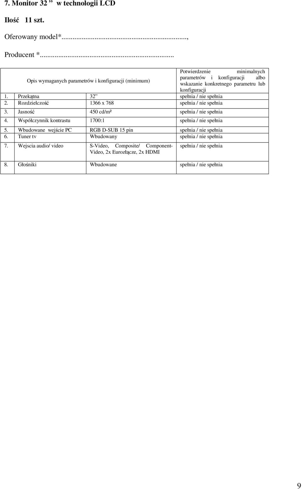 Przekątna 32 2. Rozdzielczość 1366 x 768 3. Jasność 450 cd/m² 4. Współczynnik kontrastu 1700:1 5.