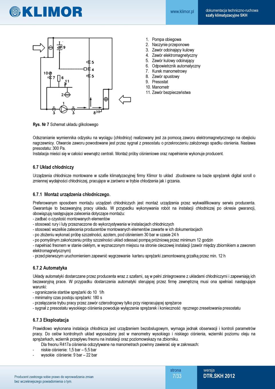 Nr 7 Schemat układu glikolowego Odszranianie wymiennika odzysku na wyciągu (chłodnicy) realizowany jest za pomocą zaworu elektromagnetycznego na obejściu nagrzewnicy.