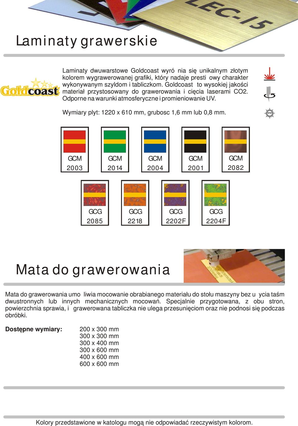 Wymiary plyt: 1220 x 610 mm, grubosc 1,6 mm lub 0,8 mm.