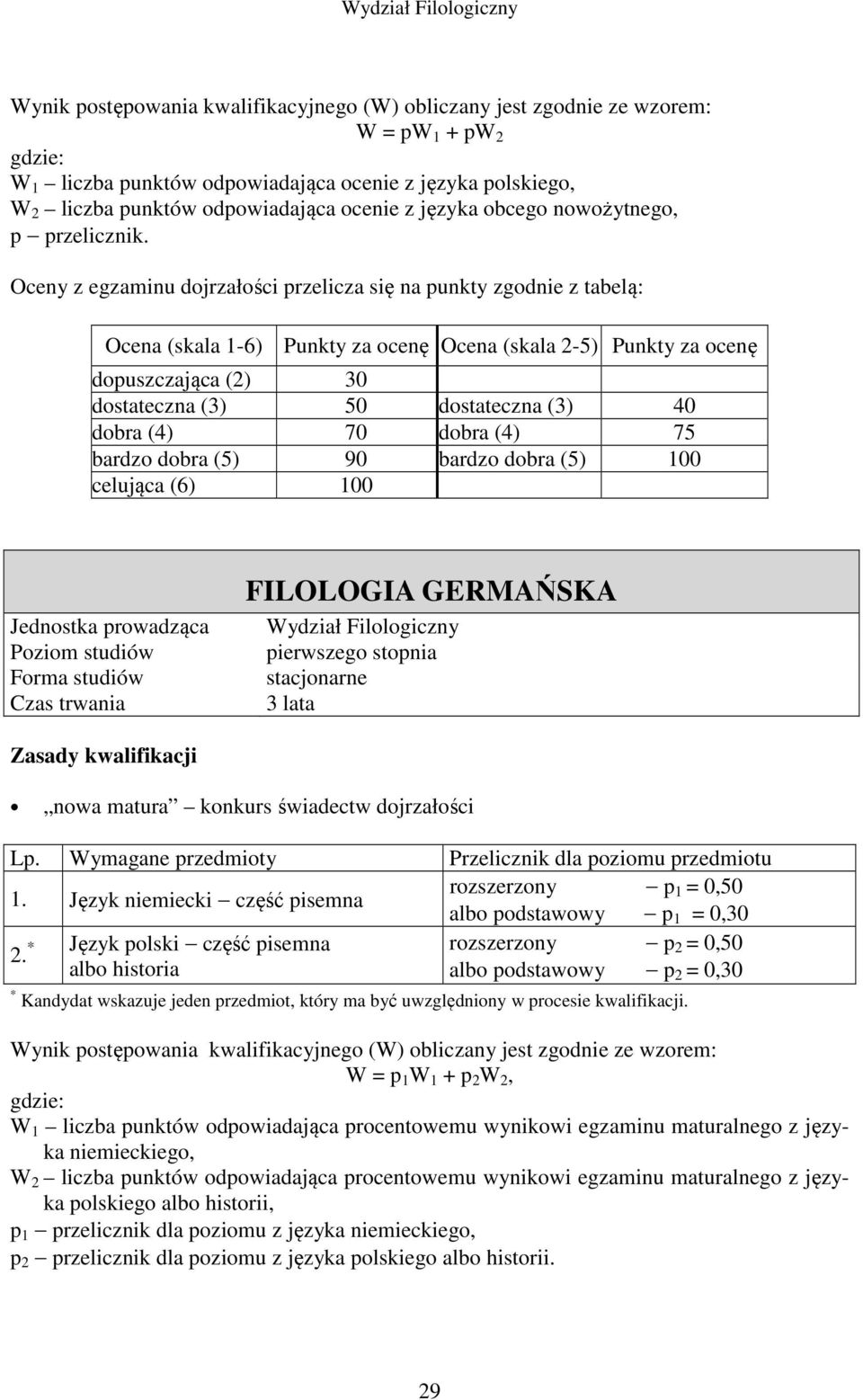 Język niemiecki część pisemna rozszerzony p 1 = 0,50 albo podstawowy p 1 = 0,30 * Język polski część pisemna rozszerzony p 2.