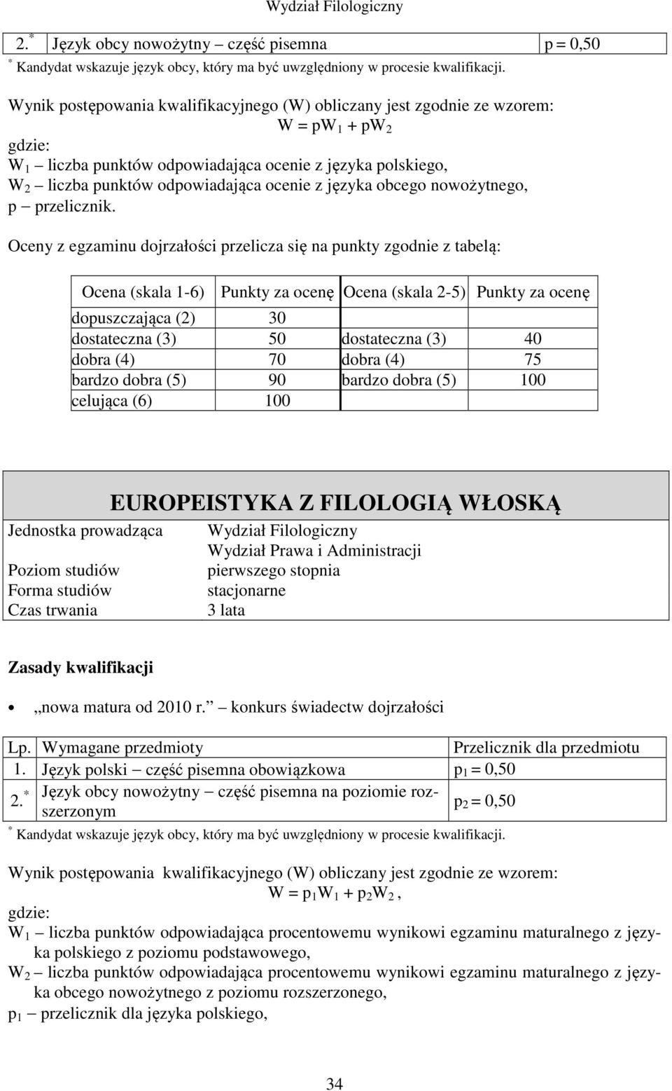 EUROPEISTYKA Z FILOLOGIĄ WŁOSKĄ Wydział Prawa i Administracji nowa matura od 2010 r. konkurs świadectw dojrzałości Lp. Wymagane przedmioty Przelicznik dla przedmiotu 1.