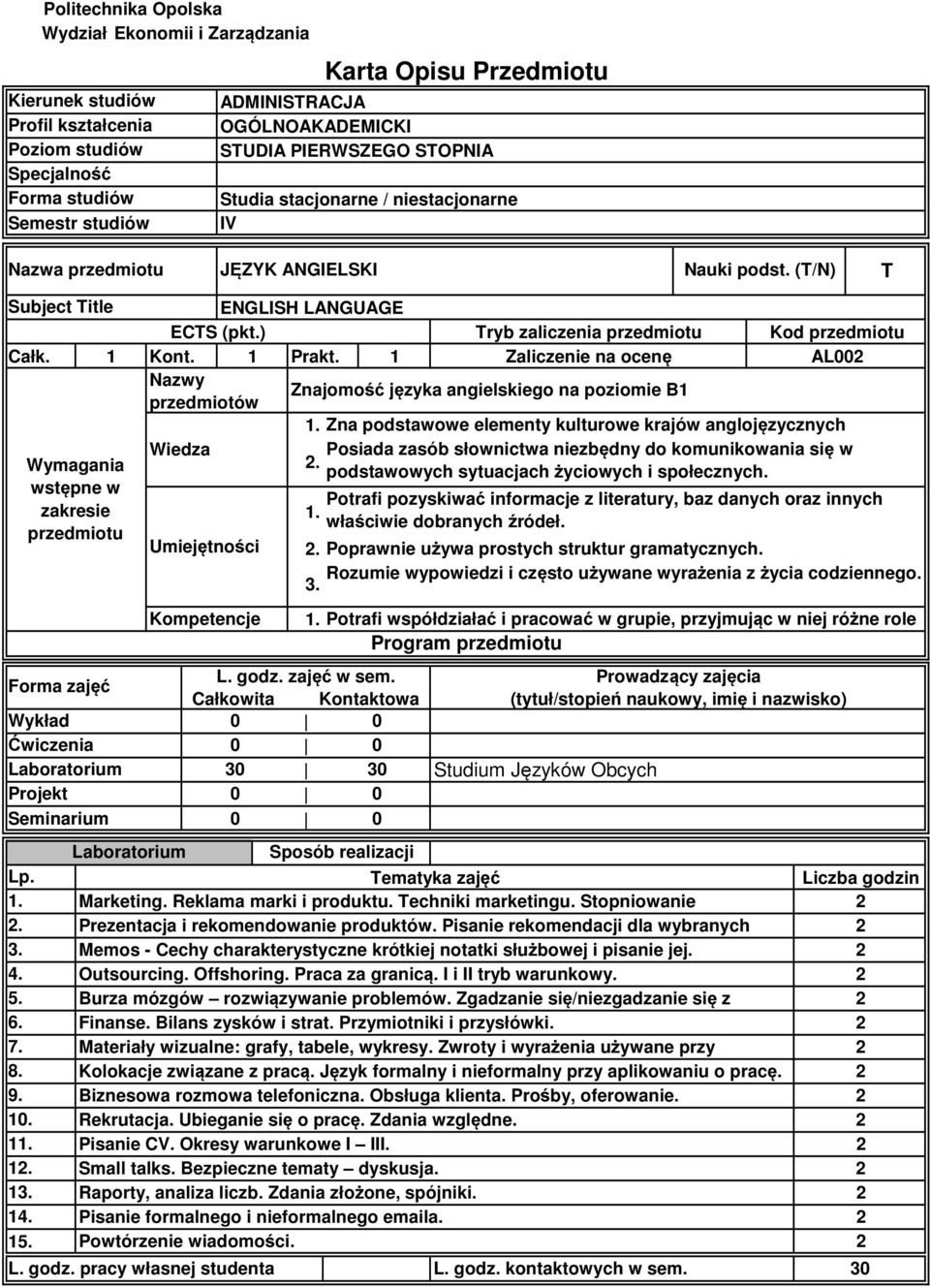 ) Tryb zaliczenia przedmiotu Kod przedmiotu Całk. Kont. Prakt. Zaliczenie na ocenę AL Wymagania wstępne w zakresie przedmiotu Nazwy przedmiotów Forma zajęć L. godz. zajęć w sem.