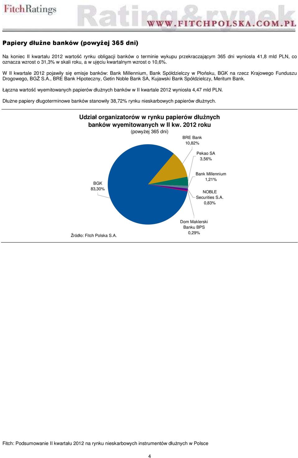 , BRE Bank Hipoteczny, Getin Noble Bank SA, Kujawski Bank Spółdzielczy, Meritum Bank. Łączna wartość wyemitowanych papierów dłużnych banków w II kwartale 2012 wyniosła 4,47 mld PLN.