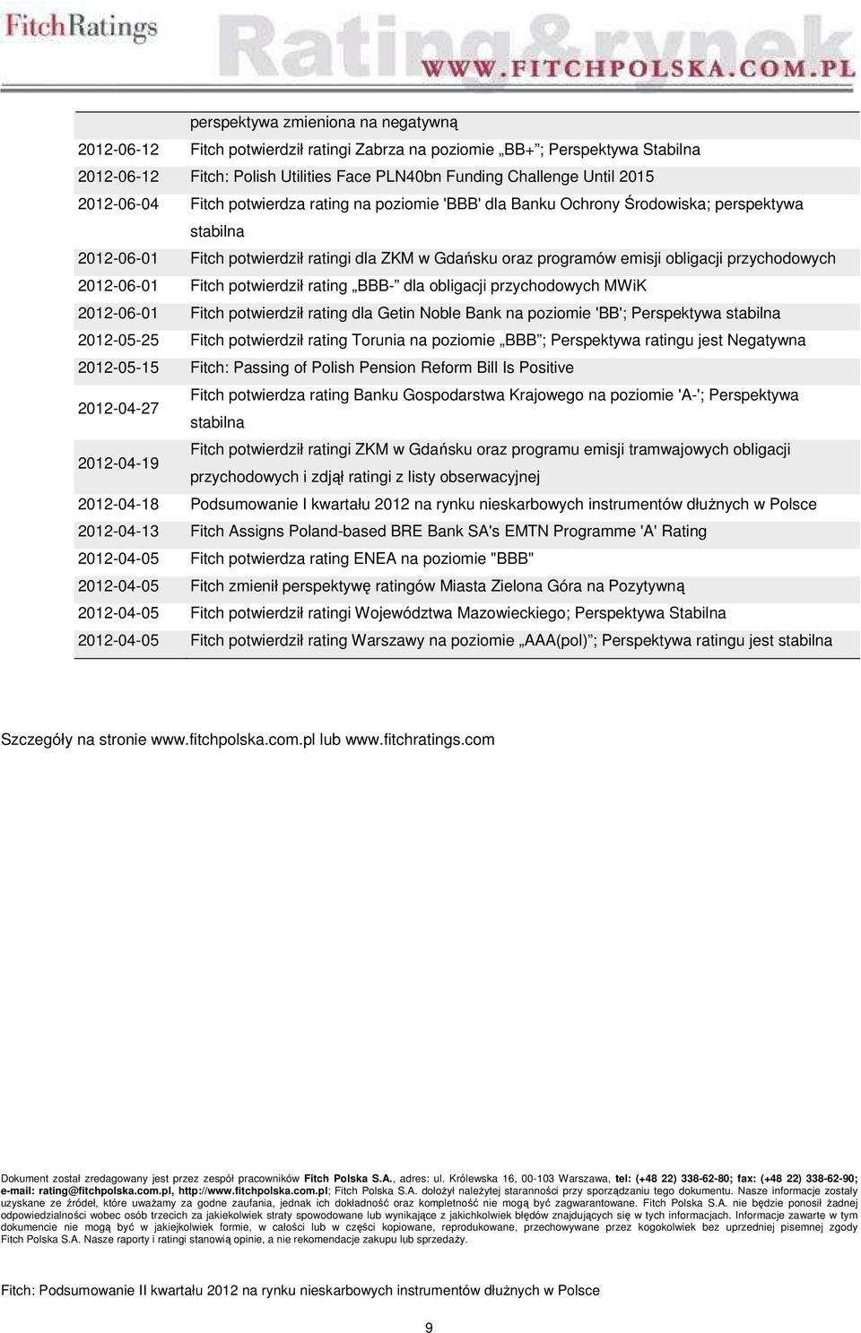 przychodowych 2012-06-01 Fitch potwierdził rating BBB- dla obligacji przychodowych MWiK 2012-06-01 Fitch potwierdził rating dla Getin Noble Bank na poziomie 'BB'; Perspektywa stabilna 2012-05-25