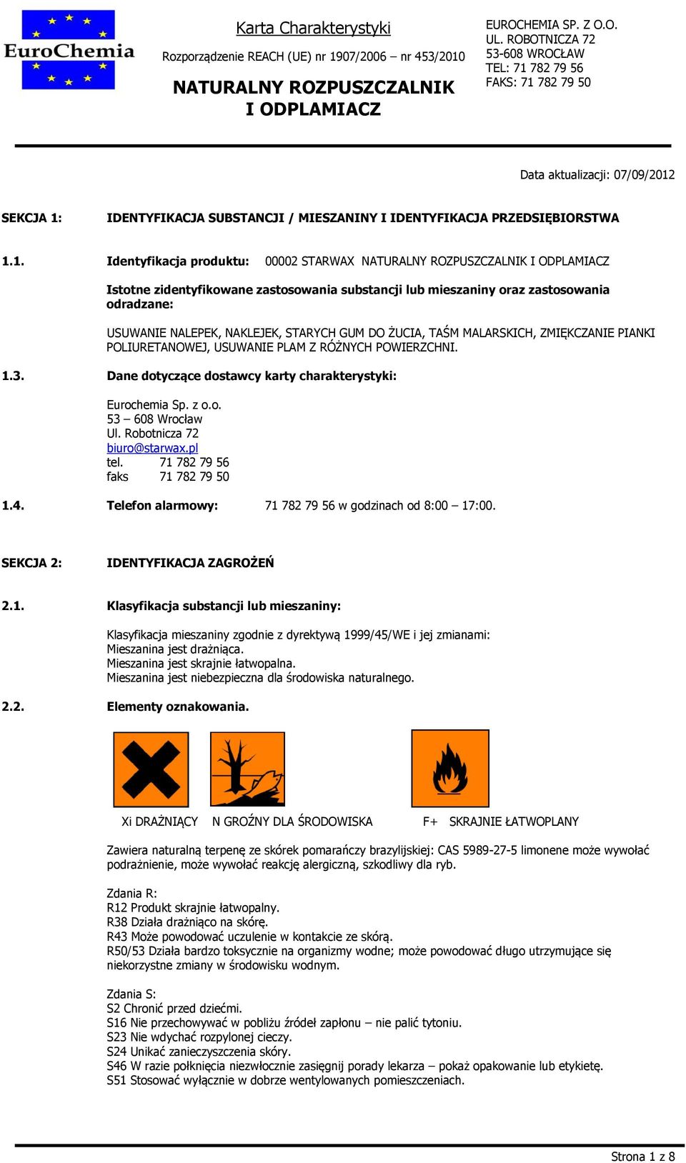 IDENTYFIKACJA SUBSTANCJI / MIESZANINY I IDENTYFIKACJA PRZEDSIĘBIORSTWA 1.