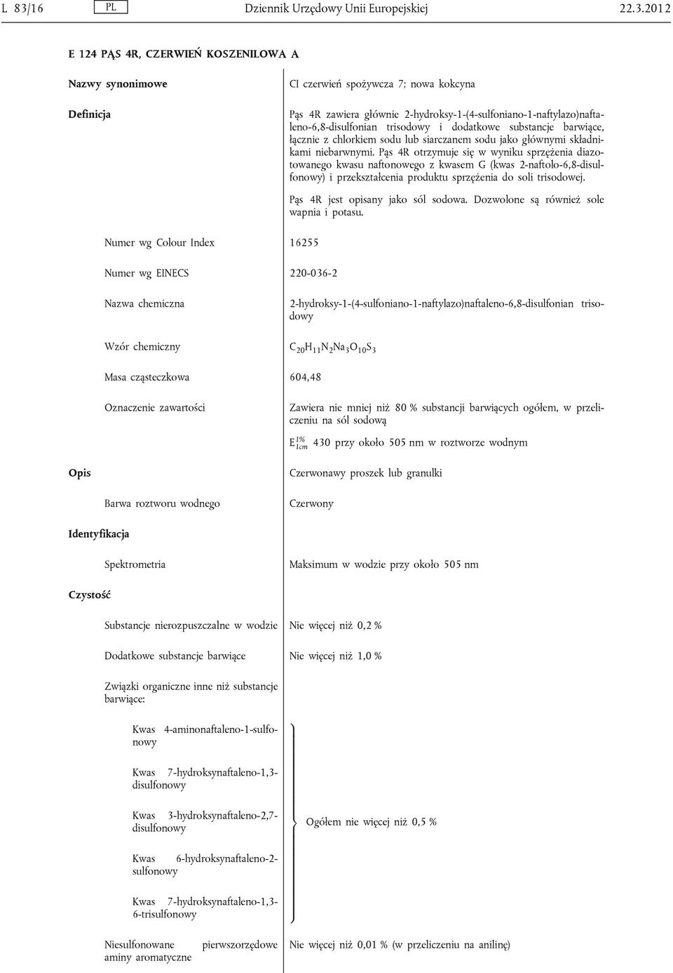 Pąs 4R otrzymuje się w wyniku sprzężenia diazotowanego kwasu naftonowego z kwasem G (kwas 2-naftolo-6,8-disulfonowy) i przekształcenia produktu sprzężenia do soli trisodowej.